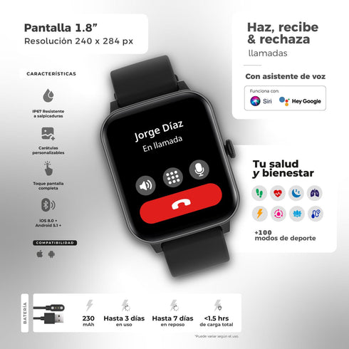 Smartwatch Binden Kulest Kit Pantalla 1.8 Llamadas Resiste Salpicaduras + Audífonos Transparente Control Touch