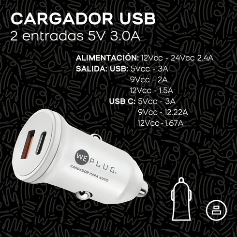 Kit WePlug Auto Carga Rápida 20W + Cable Tipo C y 8 Pin