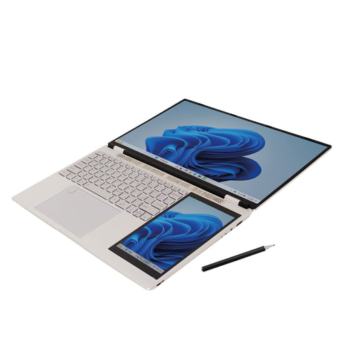 Laptop LM-156D Dual Screen 15.6"+7" Táctil, Intel N95, 16GB RAM, 512GB SSD, Win11 Pro, Stylus, Cámara abatible - Gris