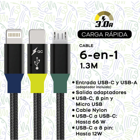 Cable Multicargador 6 en 1 WePlug 1.3m Carga Rápida